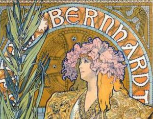 Art nouveau style portrait of Sarah Bernhardt in gold and orange tones with stylistic plant. Credit Alphonse Mucha via Public Domain