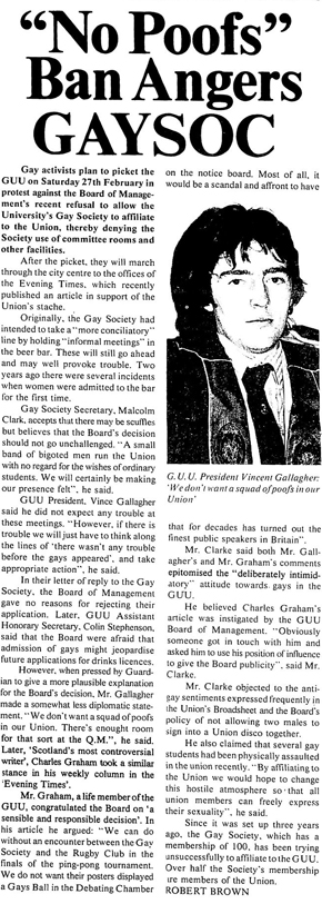 Front page article of the 11th February 1982 Glasgow Guardian, with an accompanying image of then-GUU President Vincent Gallagher. Click image for high resolution.
