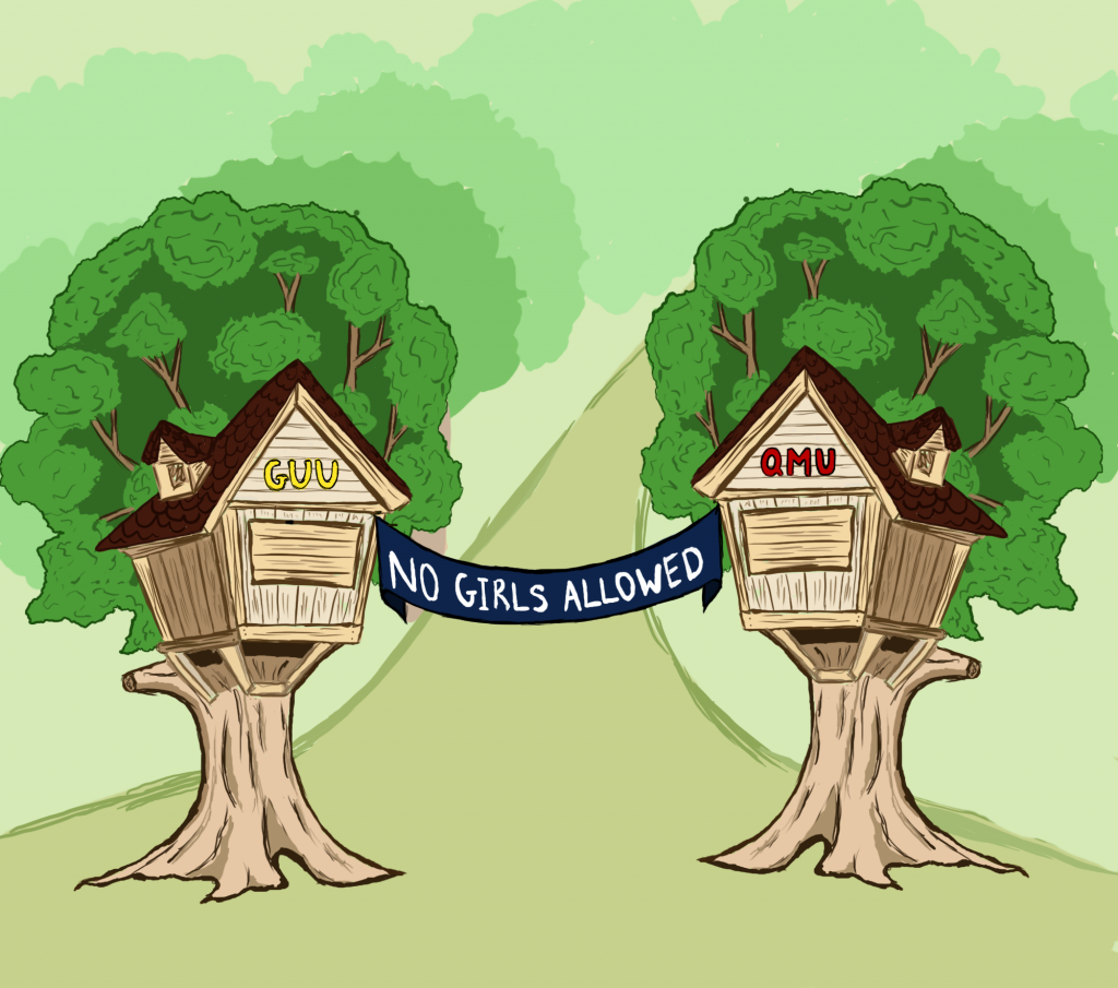 Illustration of GUU and QMU as tree houses with a "No Girls Allowed" banner between them