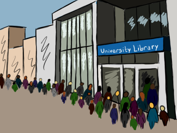 The Glasgow University Library with large queue