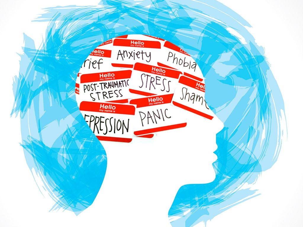 Illustration of a person's head with labels of mental health